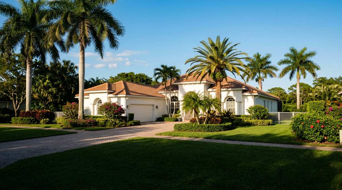 A Palm Beach County villa rental home framed by palms